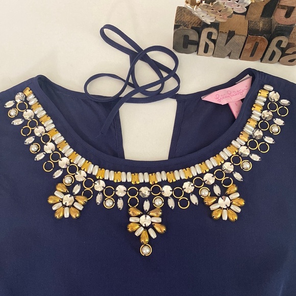 🌴LILLY PULITZER ‘Havana’ Embellished Silk Top in Navy - Picture 4 of 10